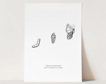 Metamorphosis | Caterpillar Journey | Hand Drawn Art Print | Butterfly Metamorphosis Print | Personal Growth | Black & White | Minimalist