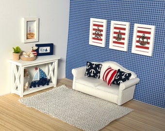 Nautical Themed 1:12 scale Dollhouse Living Room Set. Dollhouse Furniture. Dollhouse Set.