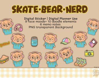 SkateBearNerd Digital Sticker Set: Planner Moods, Elements, & Notes (PNG)