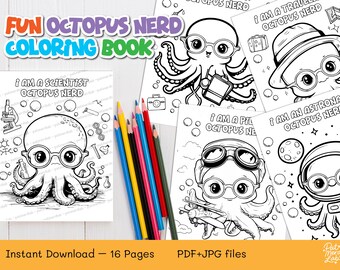 Kawaii Octopus Nerd Coloring Book – Fun & Easy 16 pages | PDF+JPG