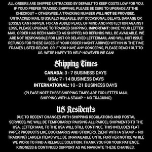 May include: Black and white text on a black background provides shipping information. Details include untracked shipping, upgrade options, and shipping times for Canada, USA, and international orders. The text also addresses changes in US shipping regulations.