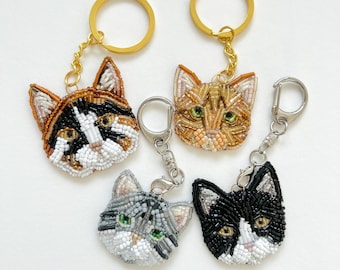Beaded cat Portrait Keychain,Personalized Pet Memorial Keyring, embroidered Photo keychain,Custom Lover Gift,Pet Memorial Gift,cat Keychain