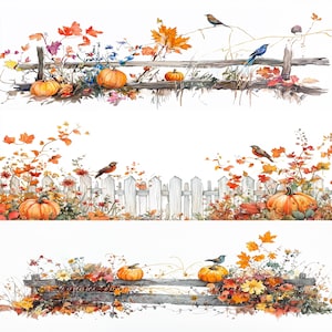 13 jpgs herfst hek grens aquarel digitale clipart, Halloween pompoen, herfstbladeren, herfst wilde bloemen, instant download, scrapbooking