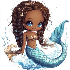 12 JPG carino chibi sirena afro-americana ragazze clipart stampabile digitale, alta qualità, per il design di T-shirt, diario spazzatura, ragazza sirena nera