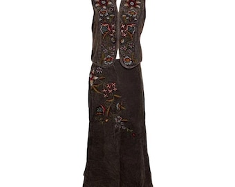 Vintage René Derhy Y2K Embroidered Brown Corduroy Vest Maxi Skirt Two Piece Set