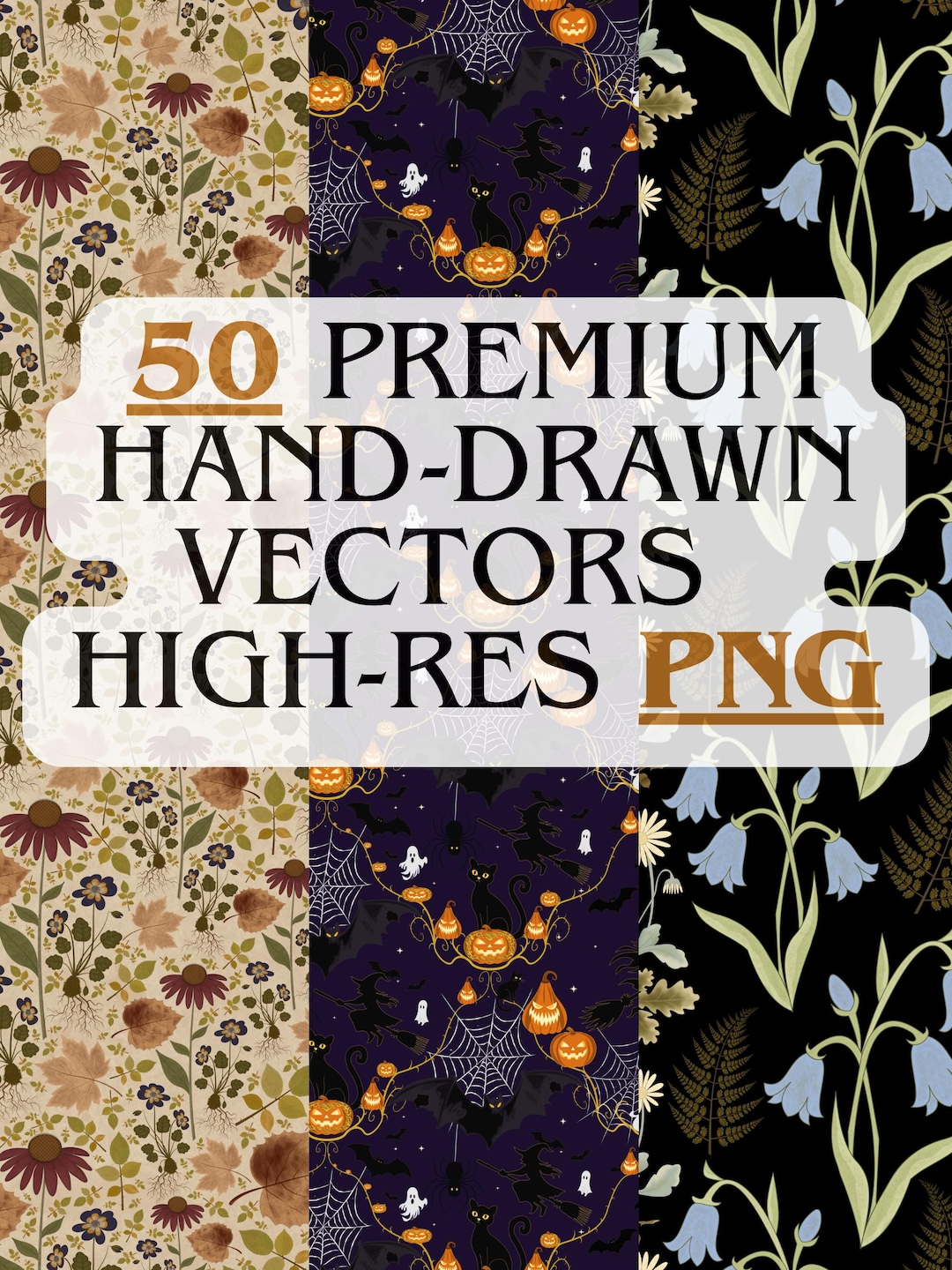 50 Hand-drawn Seamless Patterns Bundle, Floral Geometric Animal PNG Art ...