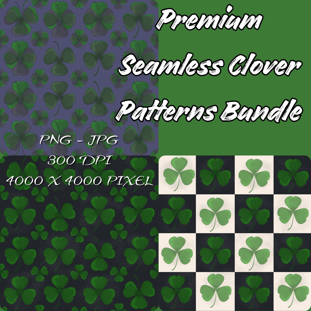 Seamless HAND DRAWN Clover Patterns Bundle 3 Tileable Shamrock ...