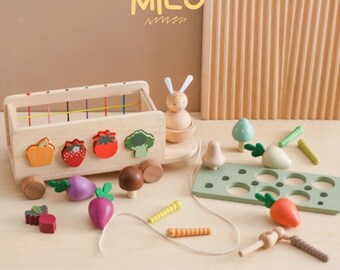 24pc Garden Fruit Truck - Montessori Waldorf Educational Wooden Eco-Friendly Toys - Fruits and Vegetables Play Food Set Personalized