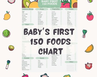 Suivi des aliments pour bébé - Journal quotidien de bébé - Liste de contrôle pour les premiers aliments de bébé - 150 aliments pour bébé avant 1 an