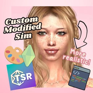 May include: A digital portrait of a blonde character with freckles, featuring the text Custom Modified Sim and More realistic! alongside icons of a paint palette, a green diamond, a TSR logo, and a code window with brackets and colored lines.