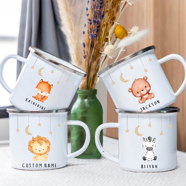 Personalised Baby Animal Kid Camper Mugs, Custom Children's Cup,Personalized Name Children's Cup, Hot Chocolate Mug Enamel for Camper family