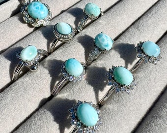 Adjustable Larimar Ring: Silver-Plated Gemstone Crystal Ring