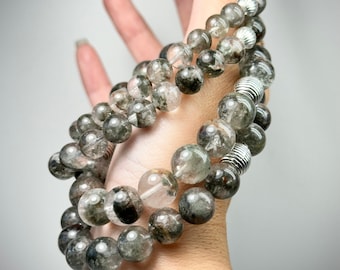 Natural Green Phantom Quartz Bracelet: Undyed Crystal Bead Wealth Bracelet