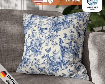 French Toile Blue Chihuahua Dog Style Pattern Print - Cottagecore / Countrycore / Farmcore - Comfy Spun Polyester Square Pillowcase / Cover