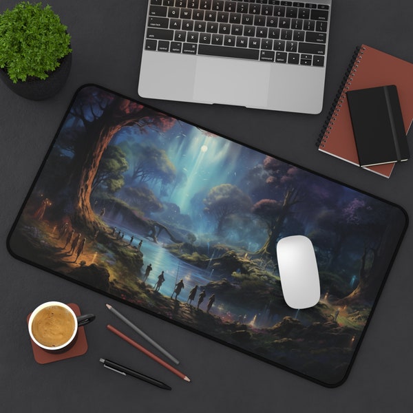 Epic Fantasy Friends Collection - "Mystical Night in Elven Shire" Watercolor Art Work Design - Neoprene Gaming Desk Mat / Cover