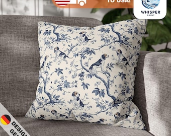 French Toile Royal Blue Beagle Dog Style Print - Cottagecore / Countrycore / Farmcore - Comfy Spun Polyester Square Pillowcase / Cover