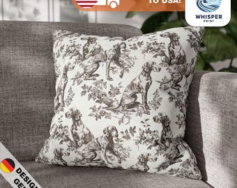 French Toile Royal Weimaraner Dog Style Print - Cottagecore / Countrycore / Farmcore - Comfy Spun Polyester Square Pillowcase / Cover