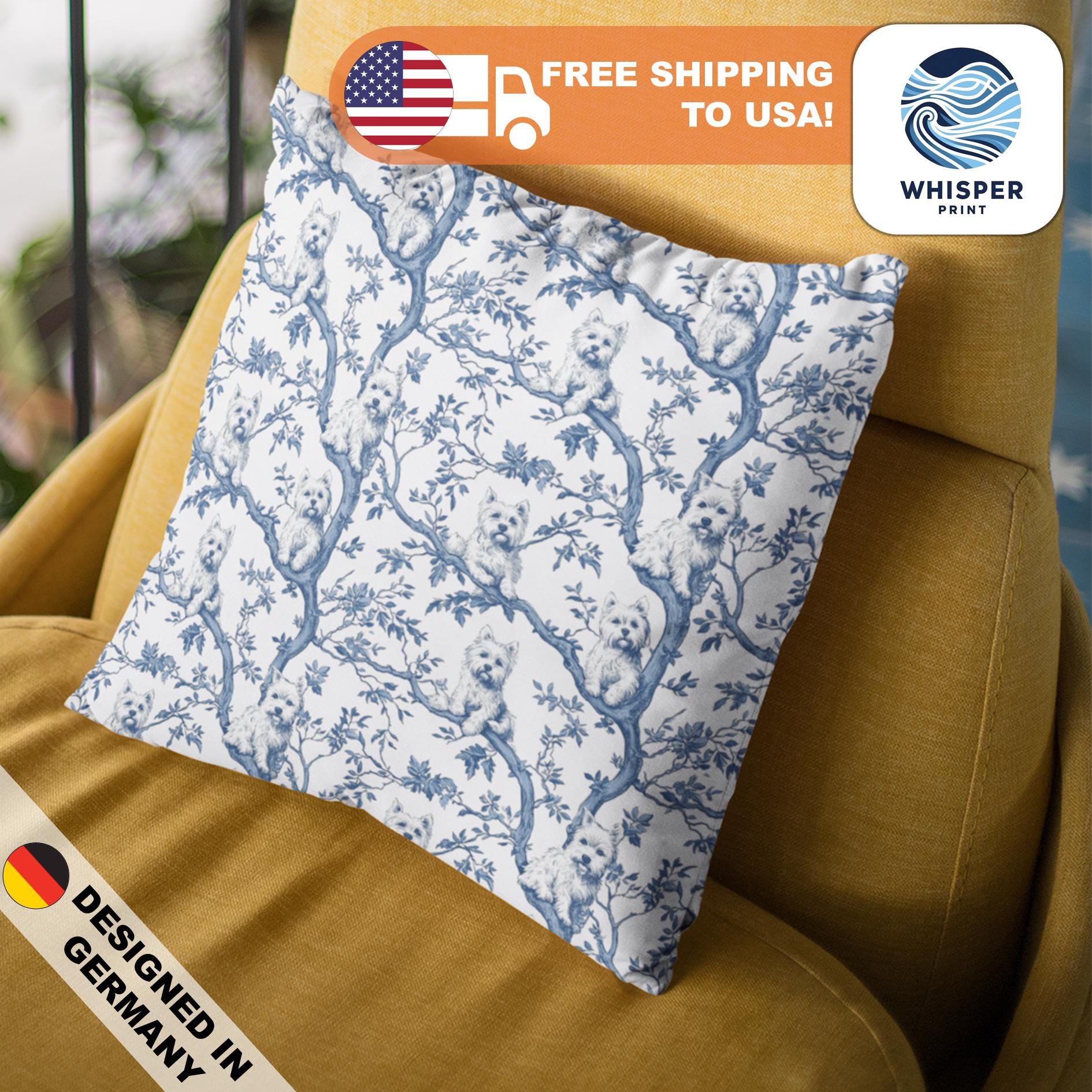 WhisperPrint® French Toile Style Blue West Highland White Terrier Dog on Branches Print - Spun Polyester Square Pillowcase / Cover