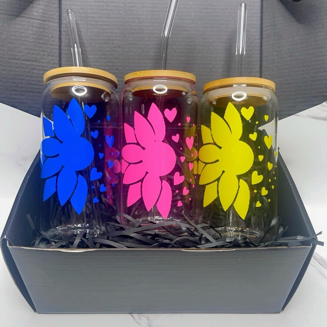 Flower Glass Cup With Bamboo Lid & Glass Straw - 16oz - Etsy