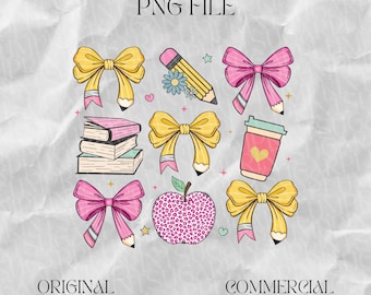 Coquette Back to School PNG Design Download, School Bus, Books, Flowers, Girl, Flowers png, Girl school png, Pencil png Digital Designs