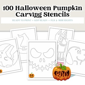 Puede incluir: Cinco plantillas imprimibles para tallar calabazas de Halloween con una bruja, una calavera, un perro, un personaje de Pokemon y una llama. Las plantillas son en blanco y negro y están listas para imprimir.