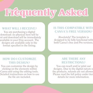May include: A green and pink graphic with text that reads "Frequently Asked". The graphic is divided into four sections with text about digital downloads, Canva compatibility, customization, and restrictions.