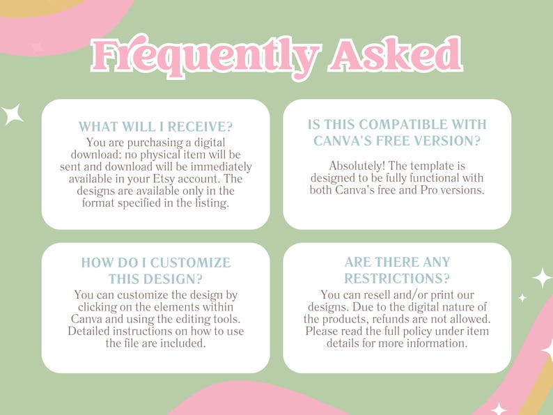 May include: A green and pink graphic with text that reads "Frequently Asked". The graphic is divided into four sections with text about digital downloads, Canva compatibility, customization, and restrictions.