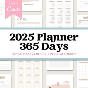 May include: A digital planner template for the year 2025, with the text "2025 Planner 365 Days" in black bold font on a light blue background. The text "Editable Canva Design + PLR & MRR Rights" is also included in black font. The image shows various pages of the planner, including a monthly calendar, a weekly planner, a daily planner, and a password tracker.