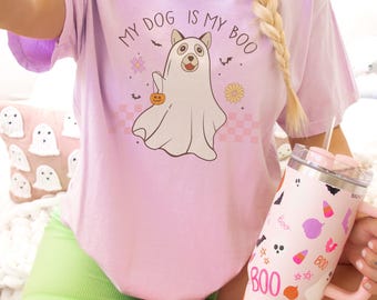 Maglietta carina con cane fantasma, maglietta di Halloween per amanti dei cani, vestito accogliente di Halloween, maglietta per cani di Halloween, stagione spettrale