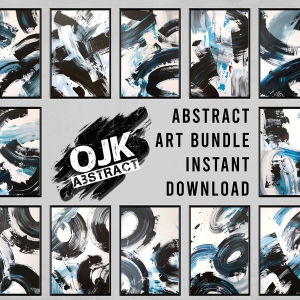 Japandi Wall Art Bundle | 12 Printable Digital Downloads | Blue Black and White Décor for Over the Bed or Sofa | Wabi Sabi Circles & Swirls