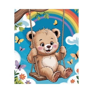 May include: A light brown teddy bear with pink cheeks sits on a wooden swing suspended by ropes from a tree branch. The background features a bright blue sky, a colorful rainbow, white clouds, green leaves, small flowers, and several butterflies.