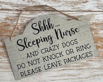 Sleeping Nurse Door Sign: Customizable Dog Warning, Galvanized Metal