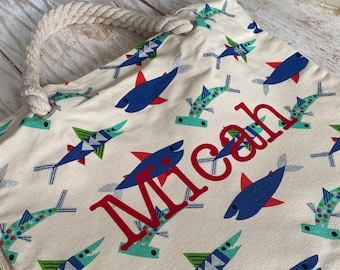 Personalized Shark Tote Bag: Monogrammed Canvas Kids Beach Bag