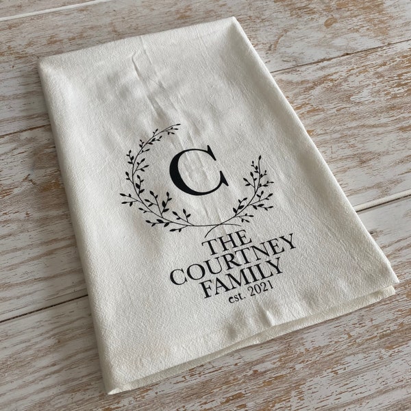 Personalized Flour Sack Dish Tea Towel Custom Name Monogrammed Wedding Towel Bridal Shower Housewarming Realtor Gift Farmhouse Kitchen Decor