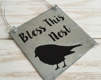 Bless This Nest Sign: Galvanized Metal Farmhouse Decor