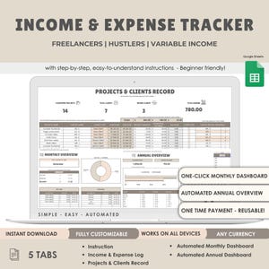 Seguimiento sencillo de ingresos y gastos para autónomos, hoja de presupuesto de ingresos variables, paneles de gestión de clientes para autónomos, plantilla de gestión de proyectos
