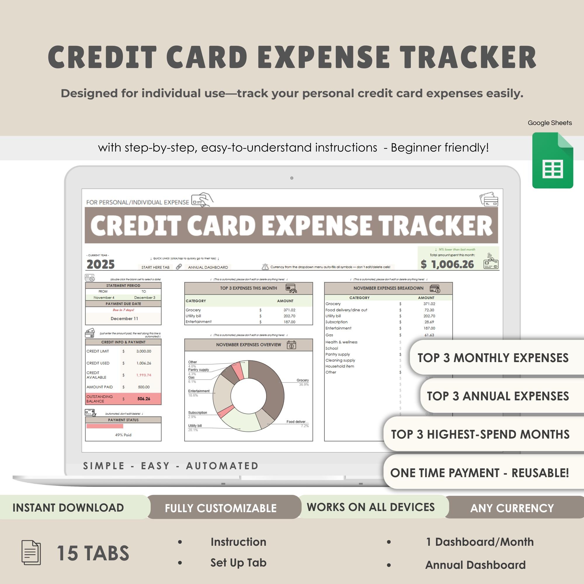 Simple Credit Card Expense Tracker Log Template, Monthly & Annual ...