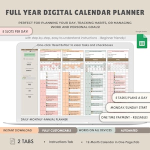 One Page Digital Calendar Planner Google Sheets | Task Tracker, Auto Progress, Checkbox, Reset Button | Full Year Productivity Spreadsheet