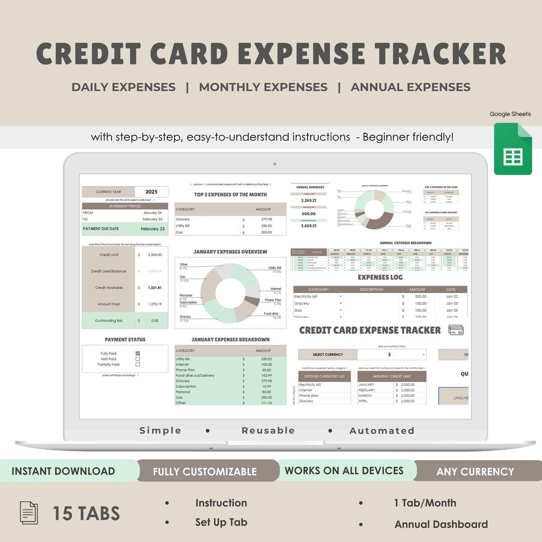 Simple Credit Card Expense Tracker Log Template, Monthly & Annual ...
