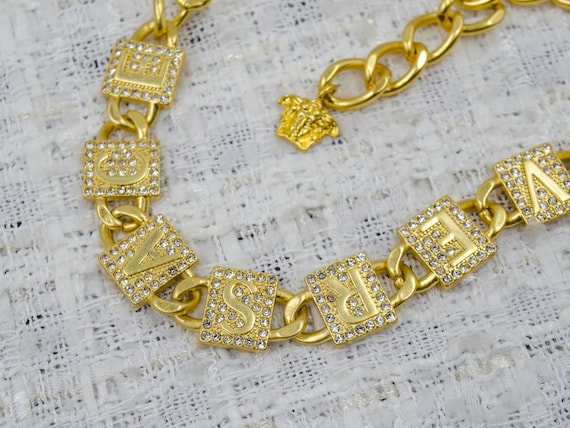Vintage Versace Gold Metal Links Necklace With Swarovski