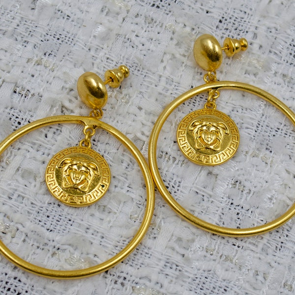 Vintage Versace Gold Metal Hoop Studs Earrings