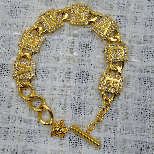 Vintage Versace Gold Metal Links Bracelet with Medusa Charm