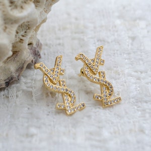 Vintage YSL Initials Metal and Swarovski Studs Earrings