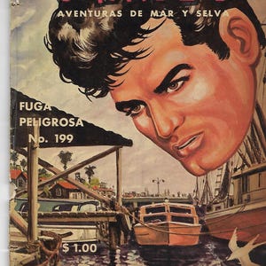 May include: Vintage comic book cover featuring a dramatic illustration of a man's face and a harbor scene. The title "CHANOC" is in bold red letters. The cover also includes the text "AVENTURAS DE MAR Y SELVA" and "FUGA PELIGROSA No. 199".