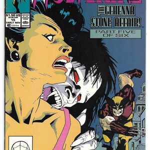 May include: Comic book cover featuring Wolverine in action. The title "Wolverine" is prominently displayed. The cover art depicts a woman in distress, a vampire-like figure, and Wolverine fighting. Text includes "The Cehenna Stone Affair!" and "Part Five of Six."
