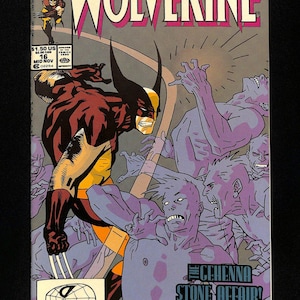 Puede incluir: Portada de cómic con Wolverine en una pose dinámica, con garras extendidas, frente a varias figuras de piel púrpura. El título "Wolverine" es prominente, junto con el texto "CEHENNA STONE AFFAIR!" y "PART SIX OF SIX".