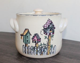 Vintage Birdhouse Motif Print Bean Crock Pot With Lid