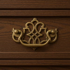 May include: Close-up of a brass drawer pull with an ornate, symmetrical design. The pull features a curved handle with decorative detailing and is mounted on a dark brown wooden surface. The hardware adds a vintage touch.