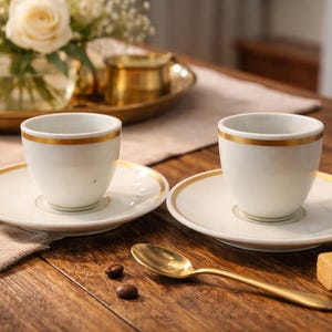 以下が含まれることがあります： 木製のテーブルの上に、金色の縁取りのある白いエスプレッソカップとソーサーが2つ、金色のスプーンと角砂糖が置かれています。コーヒー豆が散らばっています。背景には、フラワーアレンジメントと金色のトレイがあります。