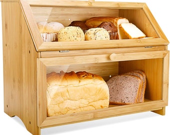 Double Layer Bamboo Bread Box: Rustic Farmhouse Kitchen Storage